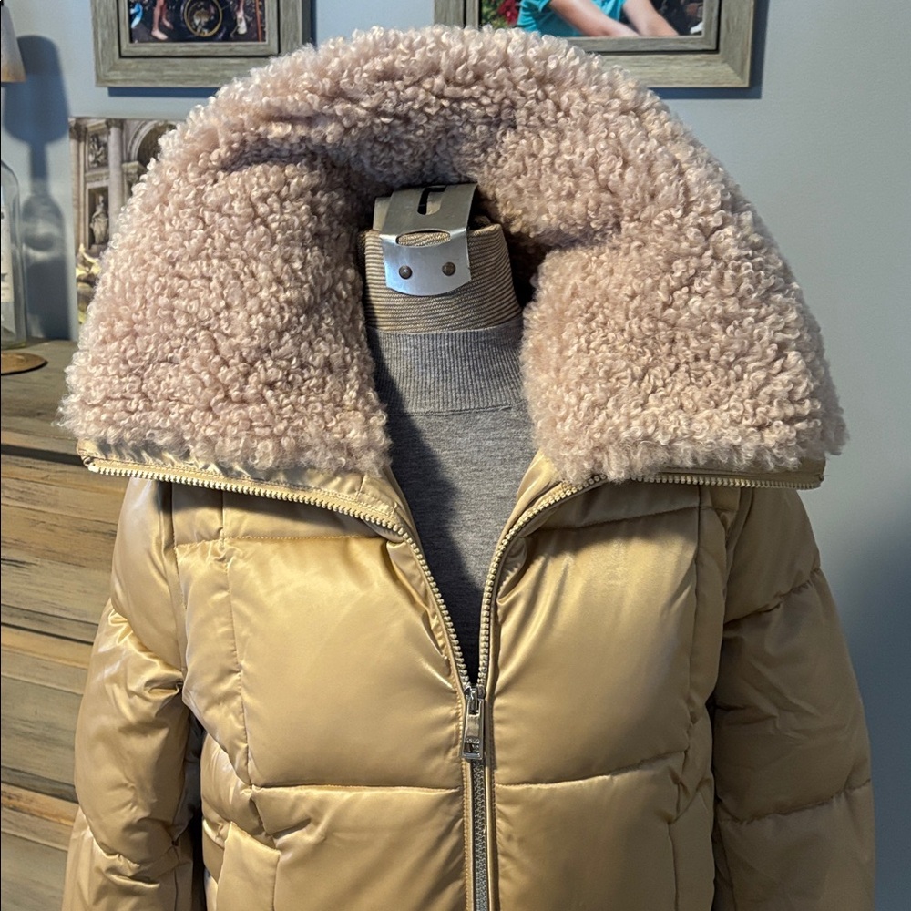BCBG Gold Faux Fur Collar Full Zip Puffer Jacket